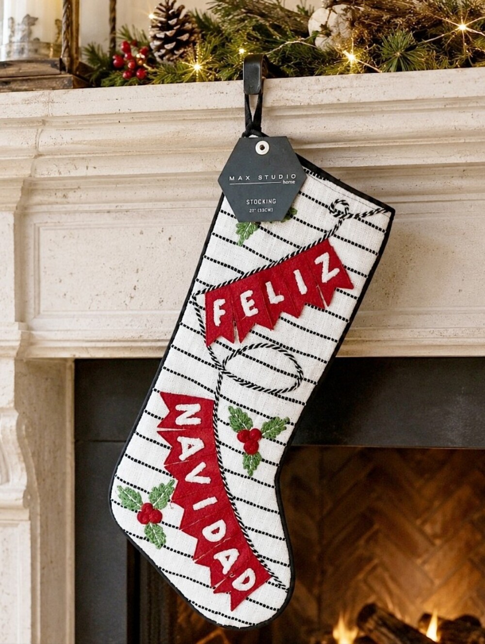 Feliz Navidad Max Studio Christmas Stocking NWT Tufted Felt Silver Thread Lined